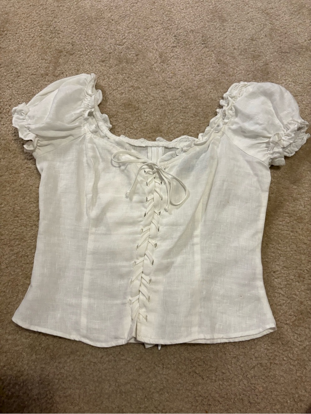 Reformation Cream Lace-Up Puff Sleeve Blouse